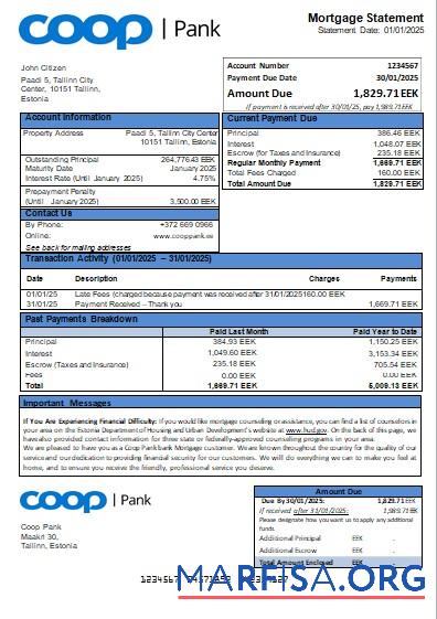 Blank Estonia Coop Pank bank mortgage statement scr sample